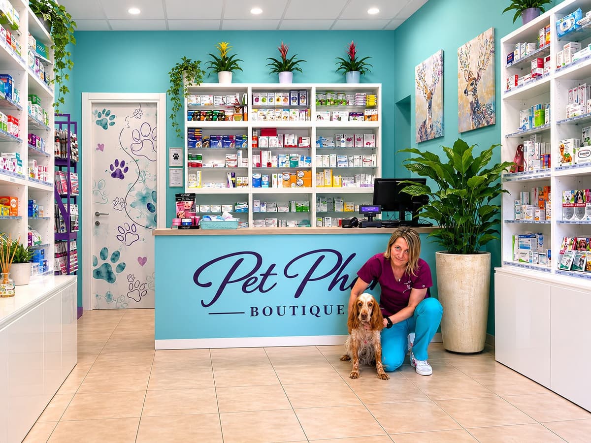 Membro dello staff con un cane cliente al banco