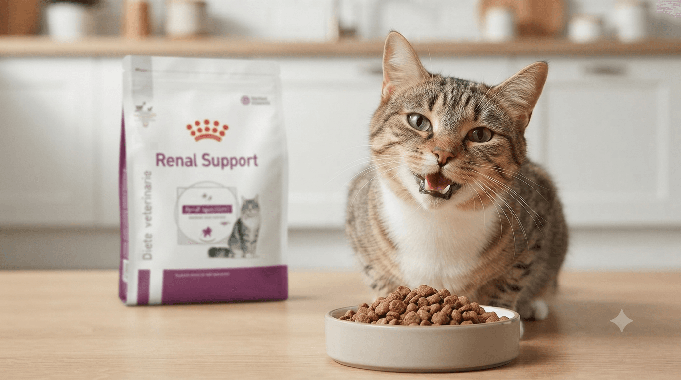 Gatto accanto a una confezione di alimento veterinario specialistico
